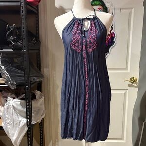 Love Fire Sz M Navy denim look Halter Dress with Pink Embroidery EUC